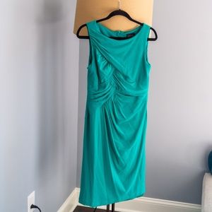 Teal mesh tank sheath dress with gathering